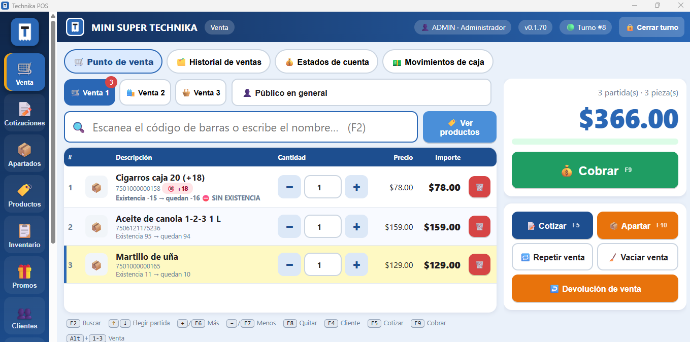 Pantalla de venta de Technika POS